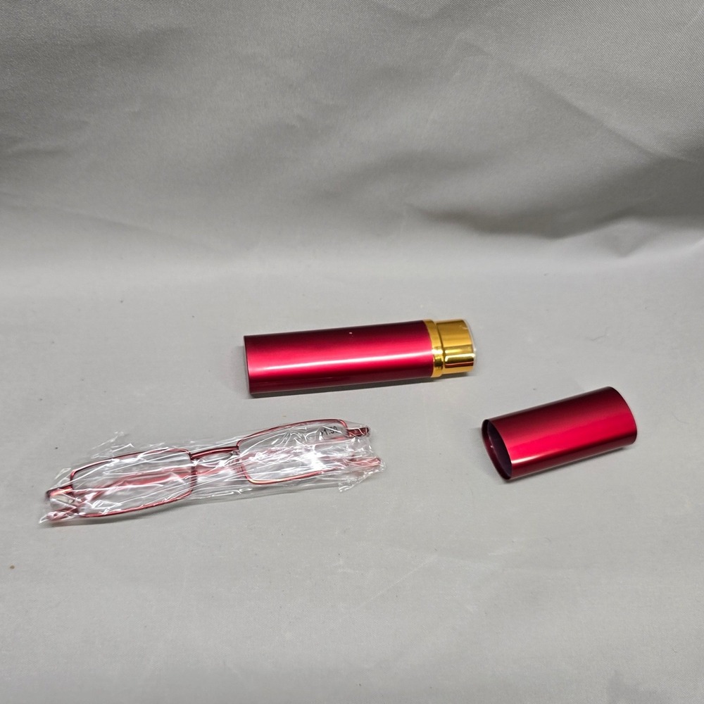 Reading Glasses +1.50 Magnification Red Metal Tube Case New Slim Pocket Eyewear